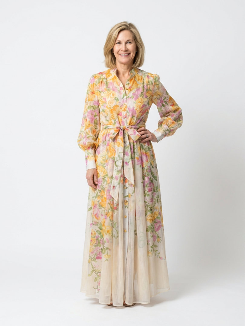 Floral sheer long-sleeve maxi dress, yellow with pastel blossoms and waist tie