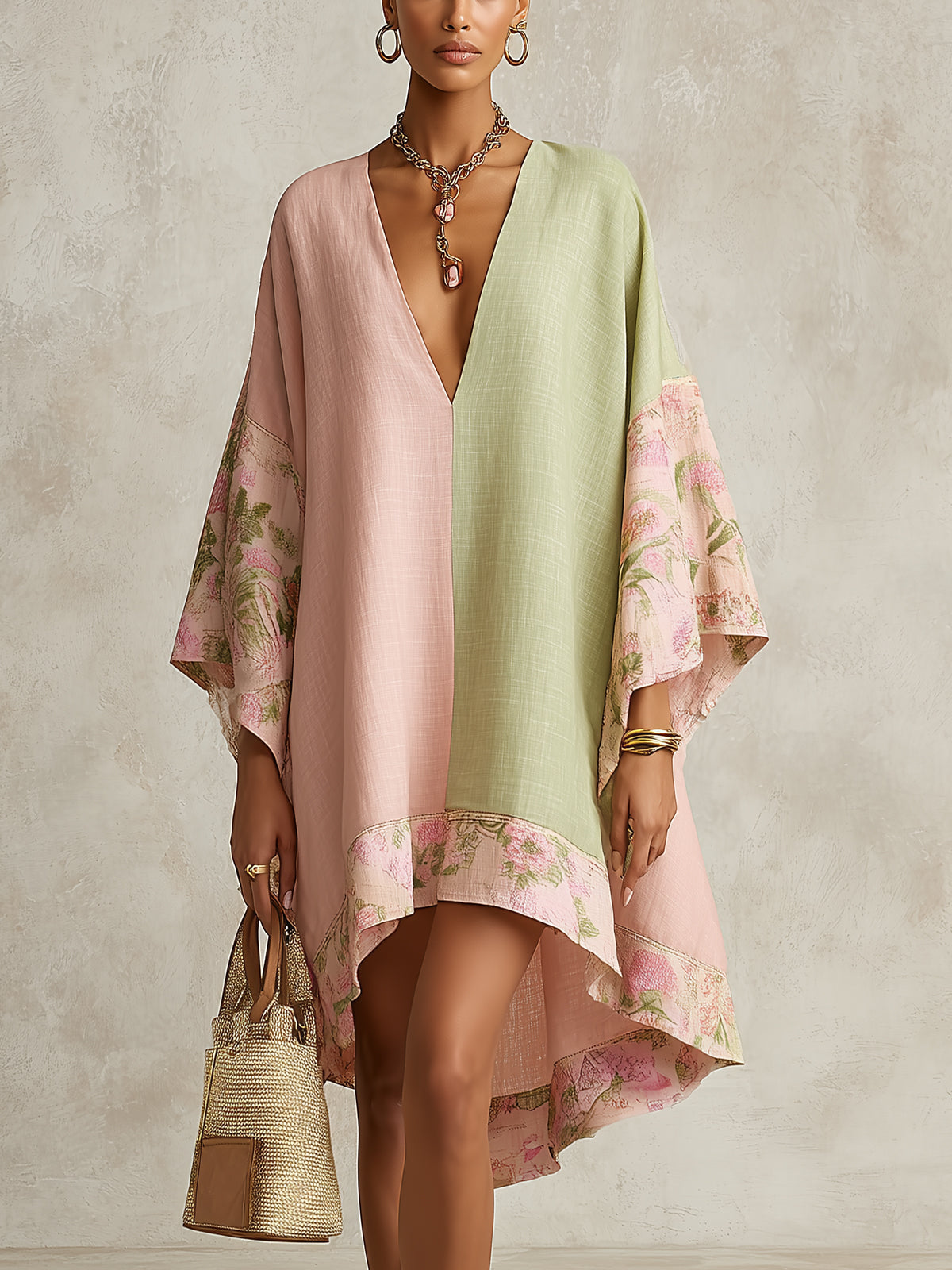 Green and Pink Floral-Trim Midi Dress