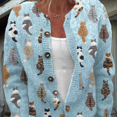 Blue cat print cardigan with button-front and long sleeves