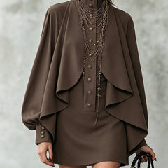 Chocolate brown cape-style midi dress with button front and draped shoulder cape