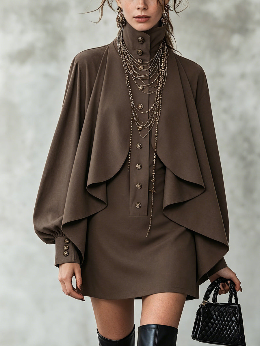 Chocolate brown cape-style midi dress with button front and draped shoulder cape
