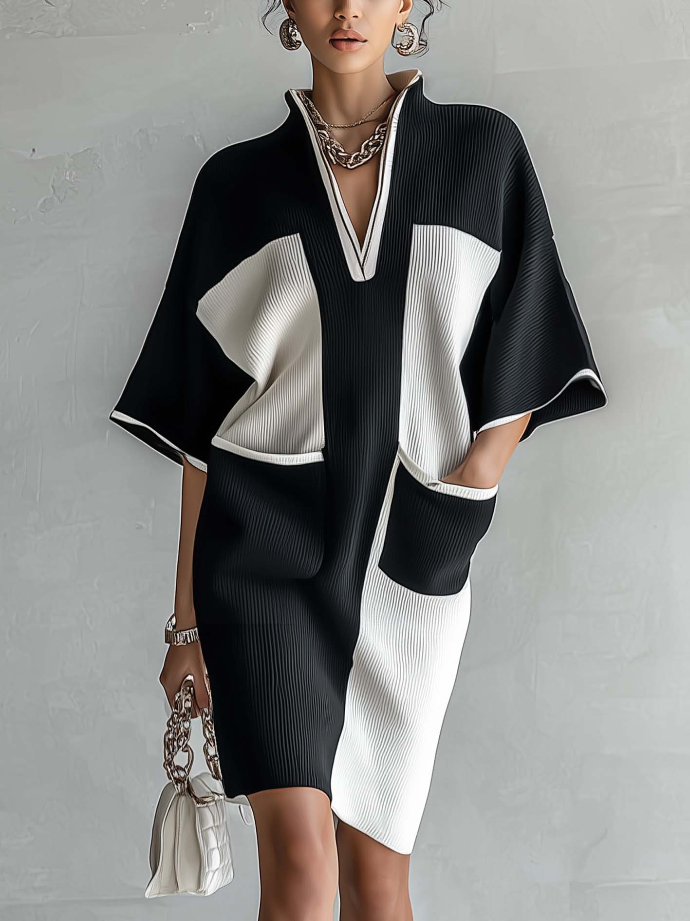Black and white color-block midi dress with V-neck, short sleeves, and fitted knit shape