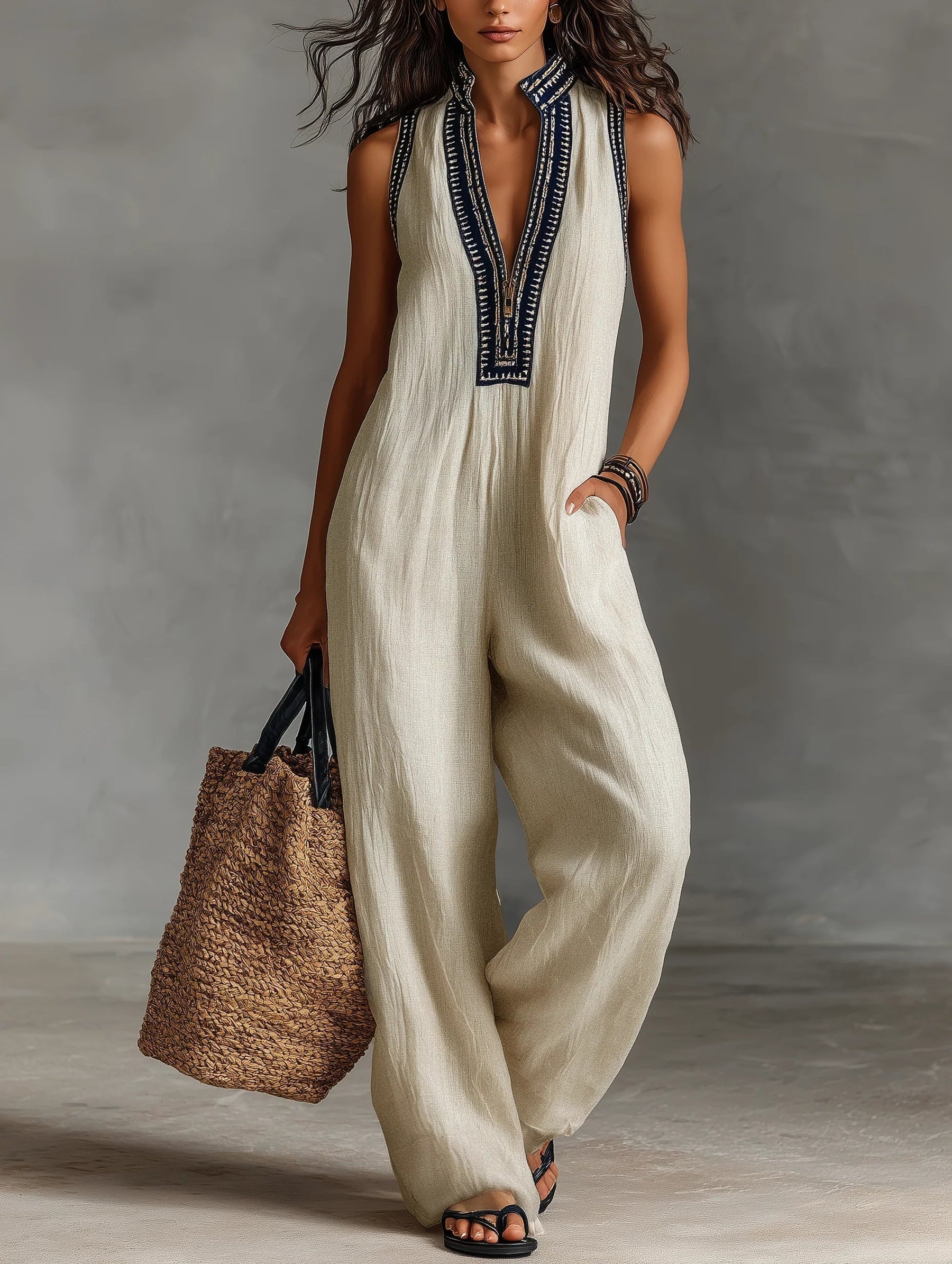 Beige sleeveless jumpsuit with high collar, zip front, and embroidered trim