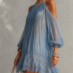 Blue off-shoulder pleated midi dress with lace-trimmed hem and gathered neckline
