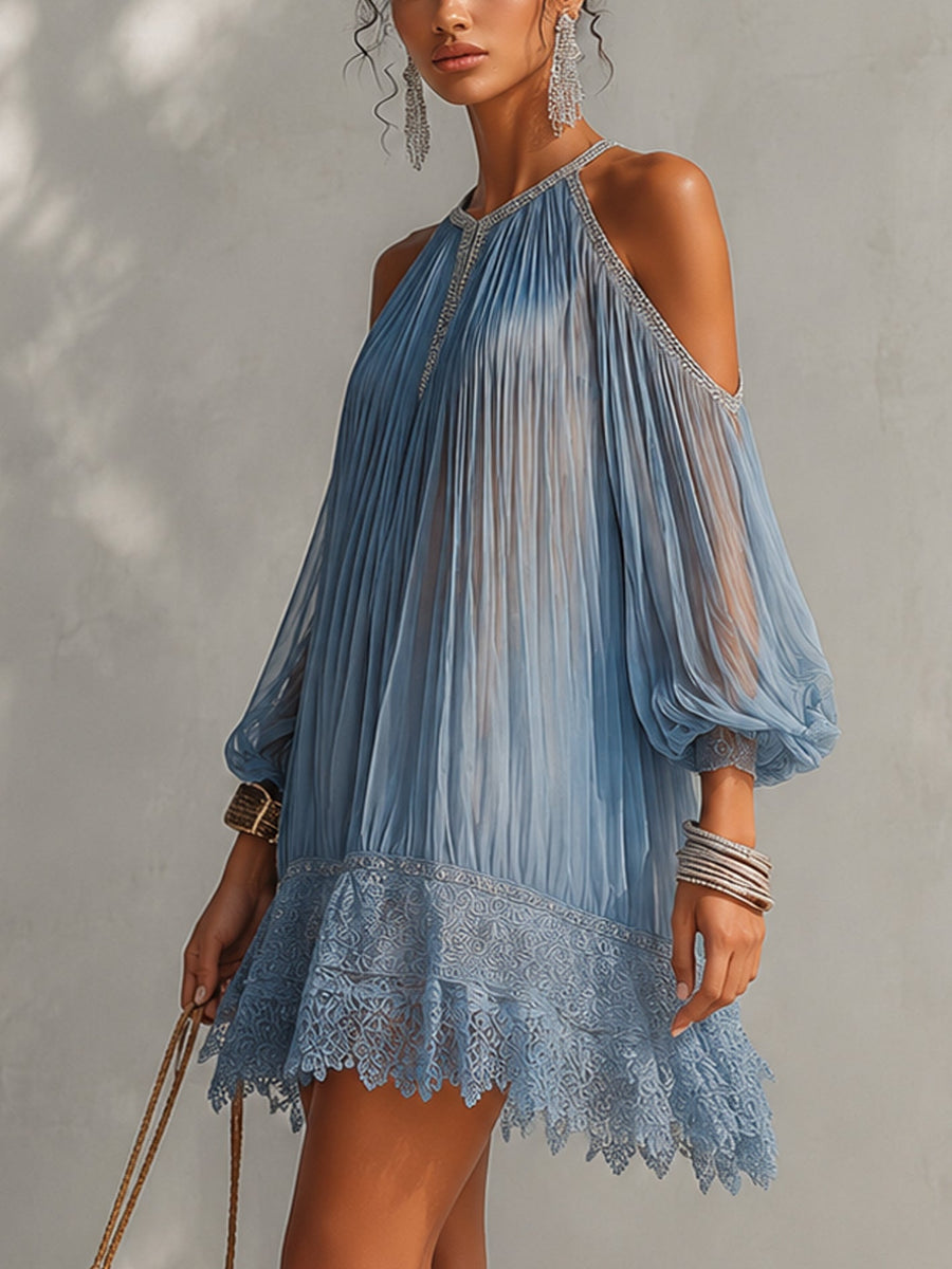 Blue off-shoulder pleated midi dress with lace-trimmed hem and gathered neckline