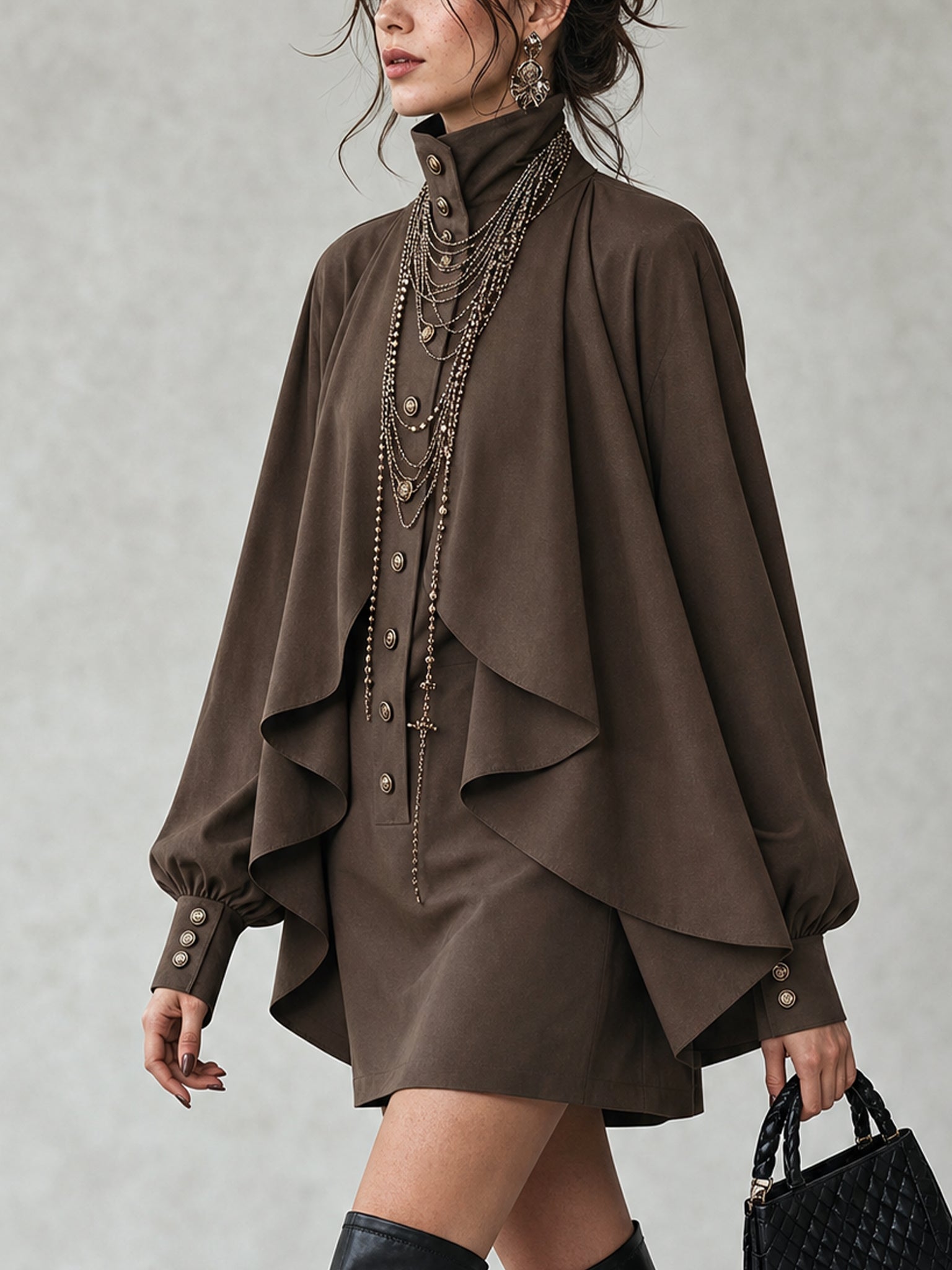 Chocolate cape-style midi dress with draped cape sleeves and vertical button placket