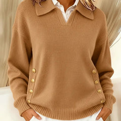 VYNETTE v-neck knit sweater with collar, gold button placket sleeves, khaki