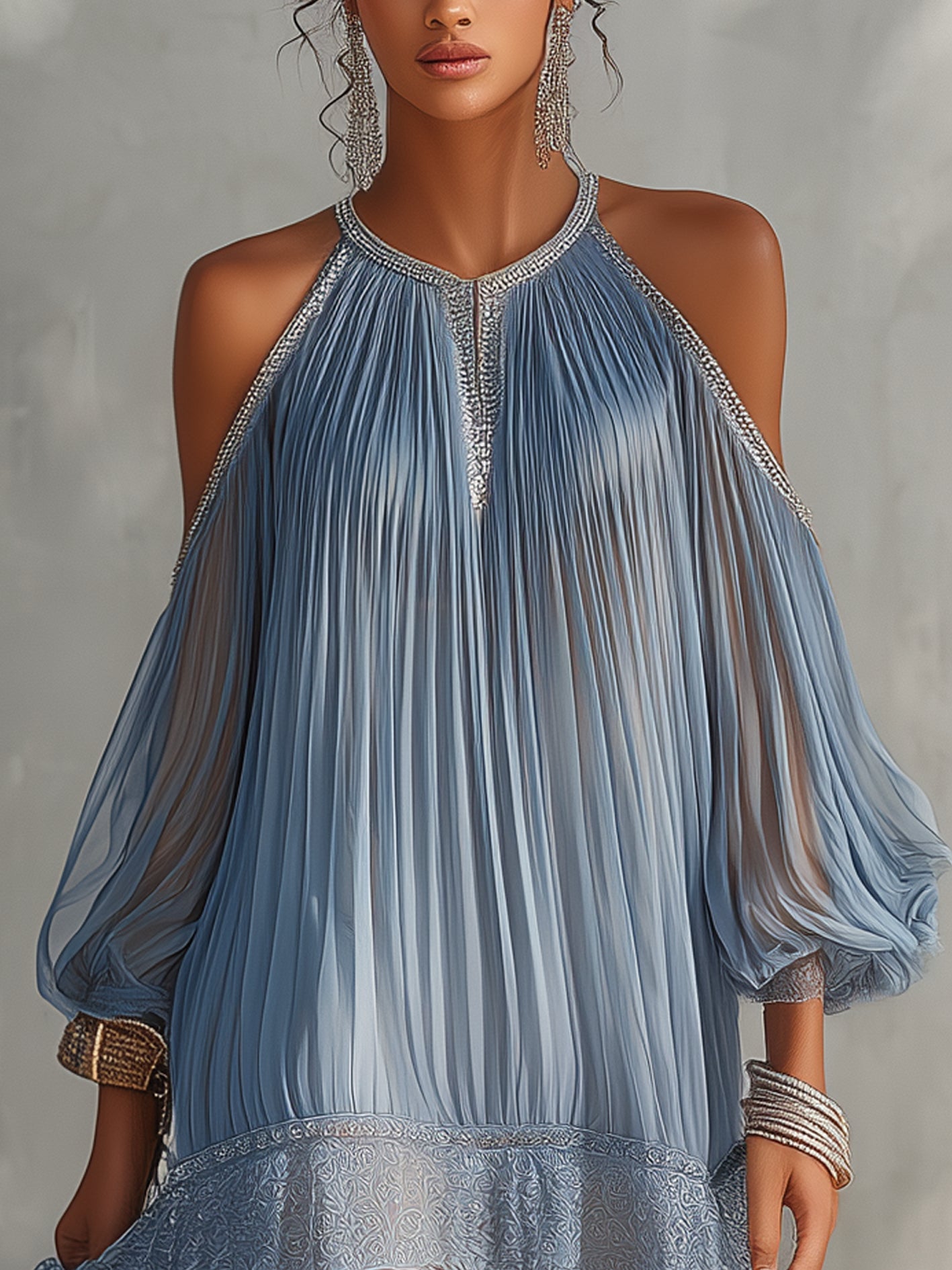 Blue pleated halter midi dress with lace trim at neckline and shoulder