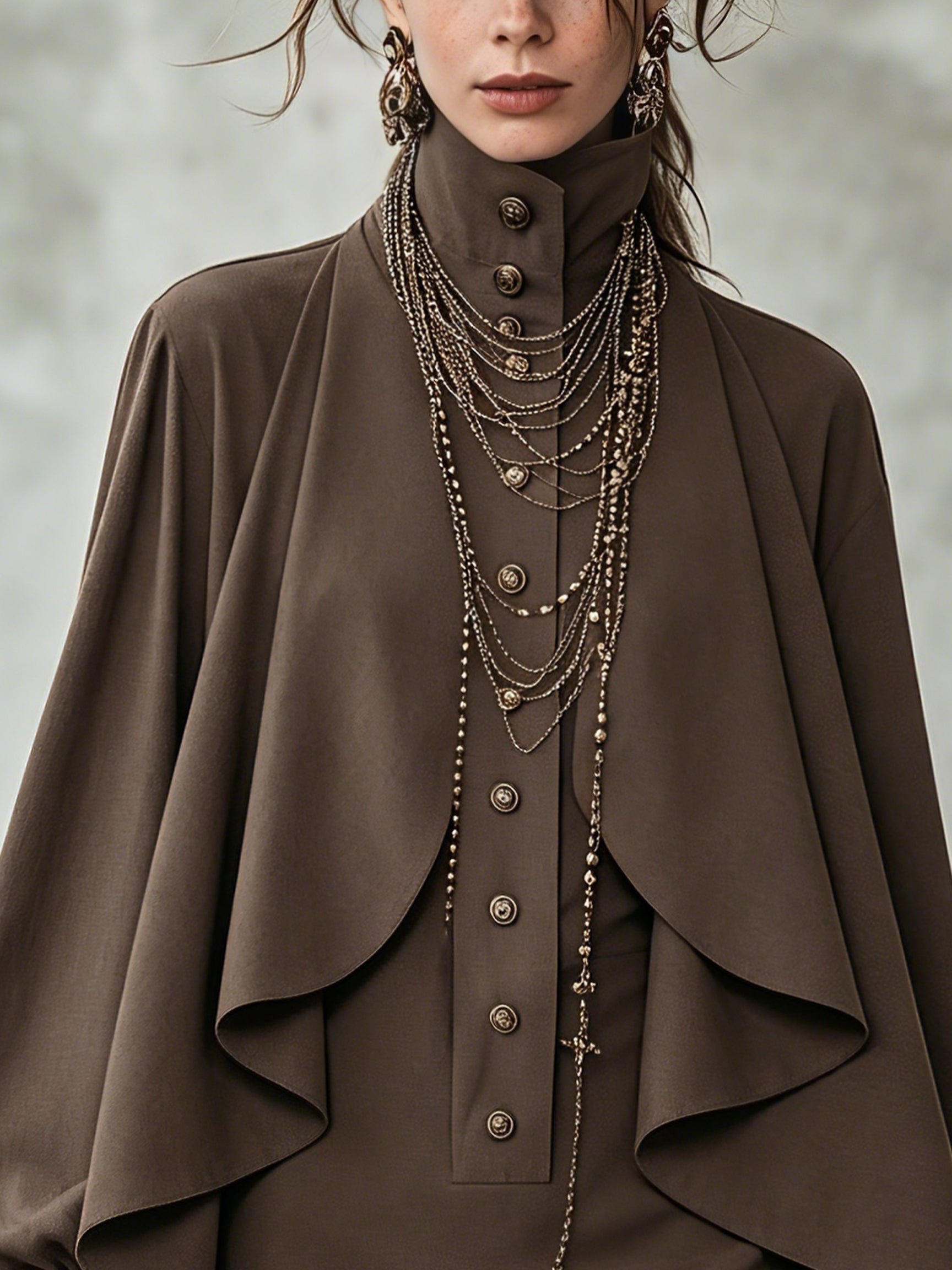 Chocolate cape-style midi dress close-up: buttoned high neck and layered cape