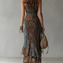 Green and brown one-shoulder printed maxi dress with tiered ruffle hem and side slit