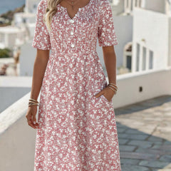 Abito midi floreale rosa con scollo a V e bottoni frontali, maniche a 3/4