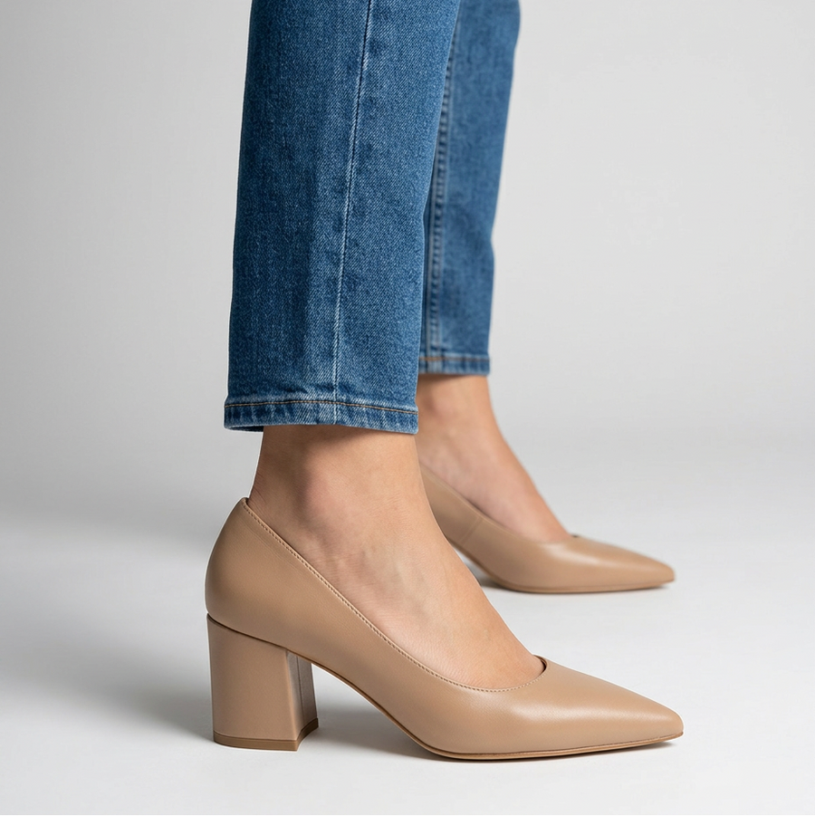 Scarpe decolleté comode donna khaki, punta affusolata, tacco medio quadrato