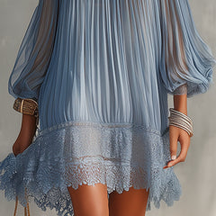 Blue pleated midi dress with scalloped lace hem and lace trim detail