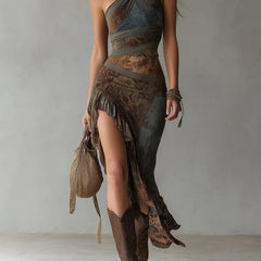 Green and brown one-shoulder printed maxi dress with ruffled slit and tiered hem