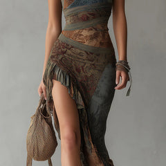 One-shoulder printed maxi dress in green with ruffled side slit and draped skirt