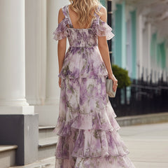 Lavender floral cold-shoulder tiered maxi dress with ruffled shoulder details