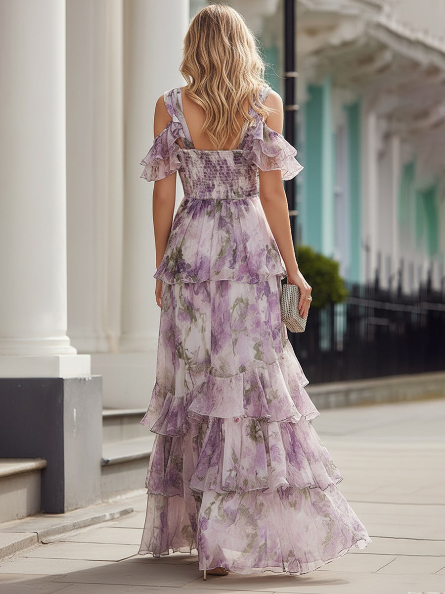 Lavender floral cold-shoulder tiered maxi dress with ruffled shoulder details