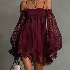 Burgundy off-shoulder chiffon mini dress with smocked bodice, lace trim, and sheer sleeves.