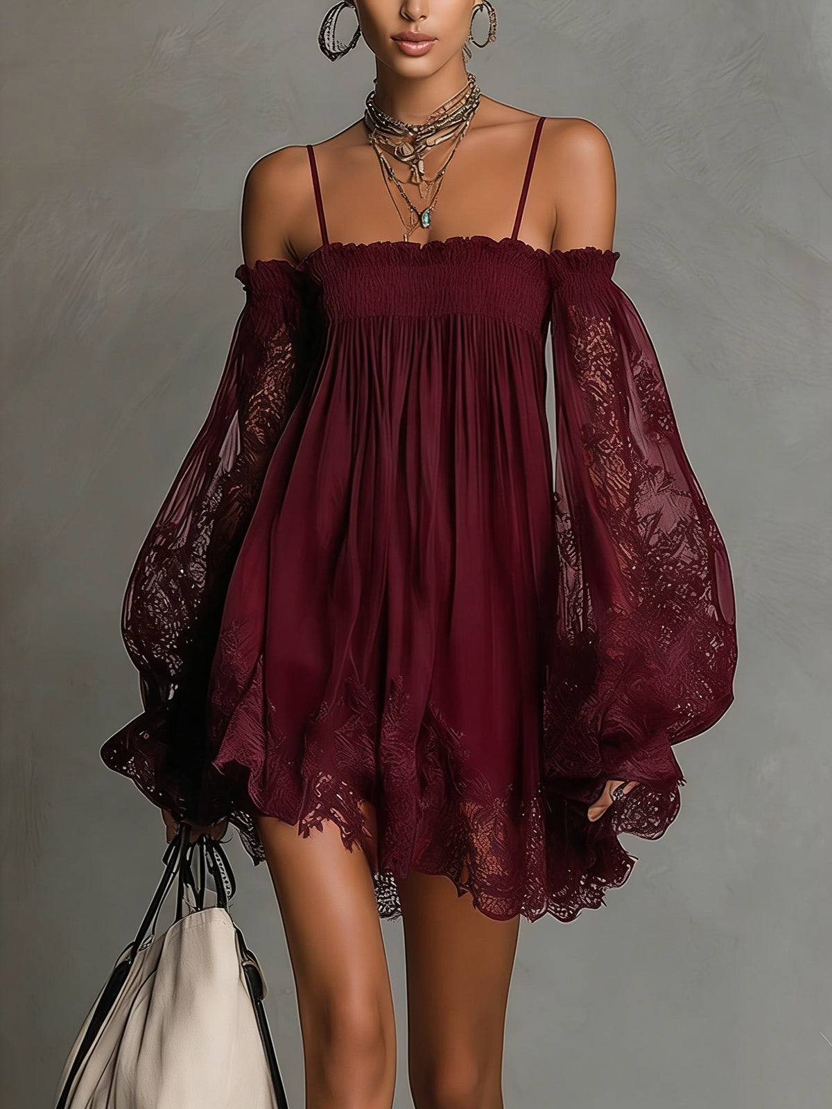 Burgundy off-shoulder mini dress with lace bell sleeves and smocked chiffon skirt
