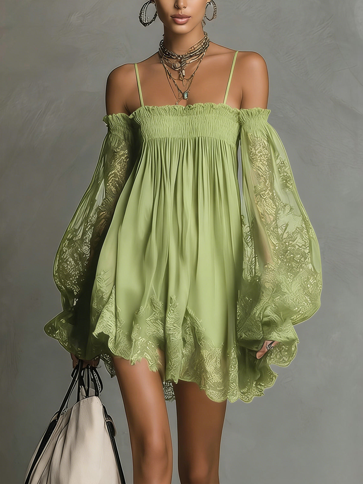 Lime green off-shoulder chiffon mini dress with smocked bodice, lace trim, and sheer sleeves.