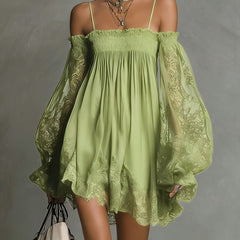 Lime green off-shoulder mini dress with lace bell sleeves and smocked bodice