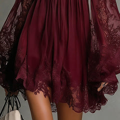Burgundy off-shoulder mini dress with flared skirt and lace sheer balloon sleeves