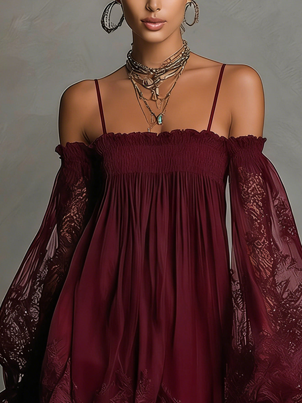 Burgundy off-shoulder mini dress with lace-trim sheer sleeves and smocked bodice