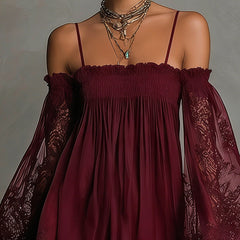 Burgundy off-shoulder mini dress with smocked bodice and lace sleeves