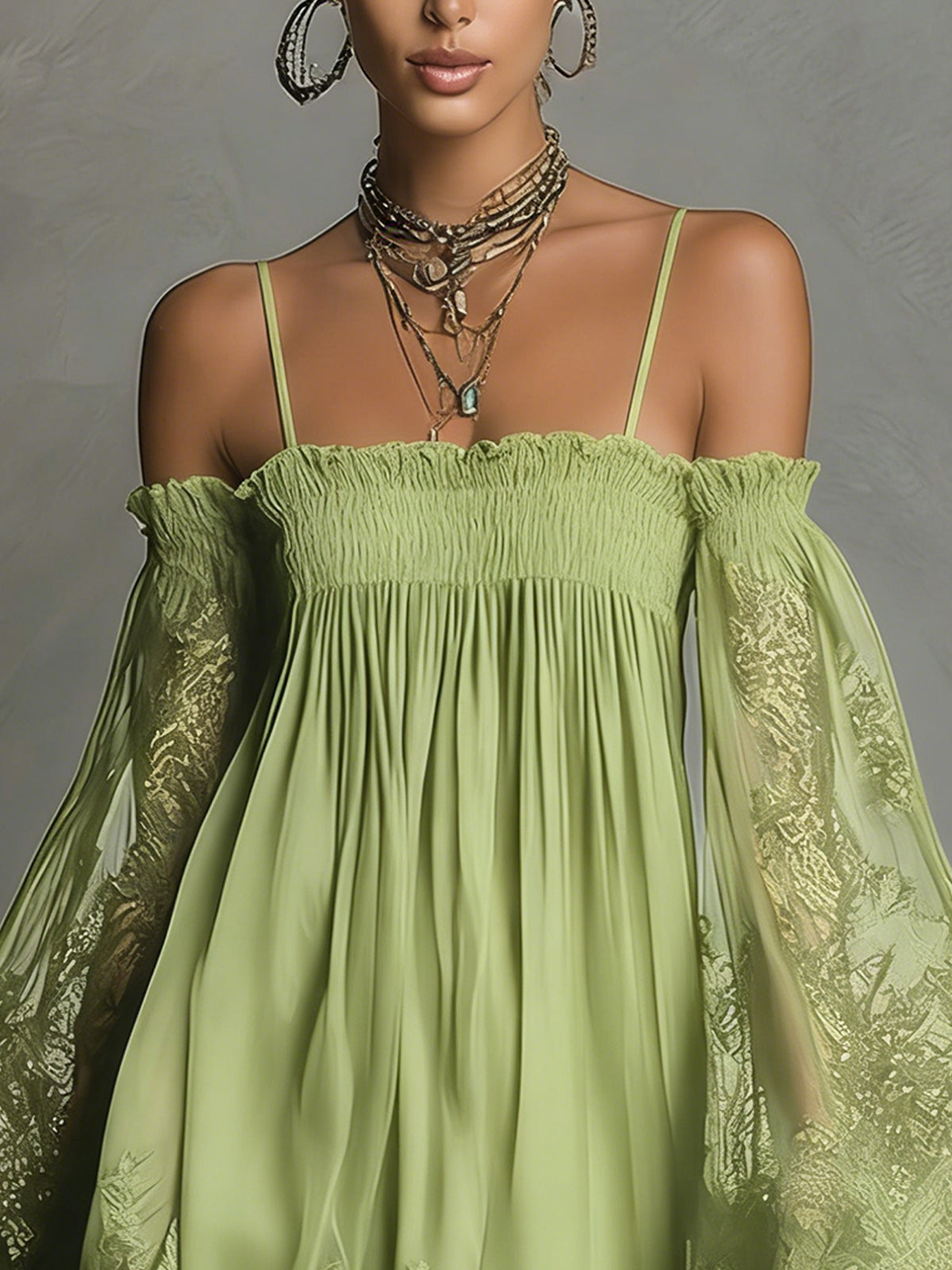 Lime green off-shoulder mini dress with lace bell sleeves and smocked bodice