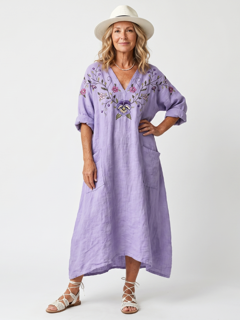 Purple oversized midi dress with floral embroidery, V-neck, half sleeves and side pockets