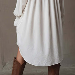 White mini shirt dress back hem with gathers and long balloon sleeves