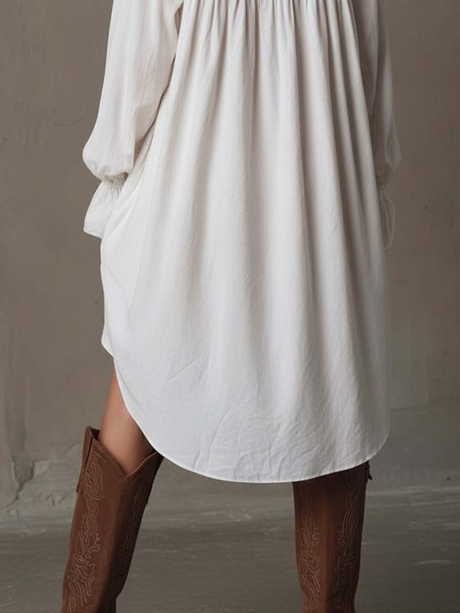 White mini shirt dress back hem with gathers and long balloon sleeves