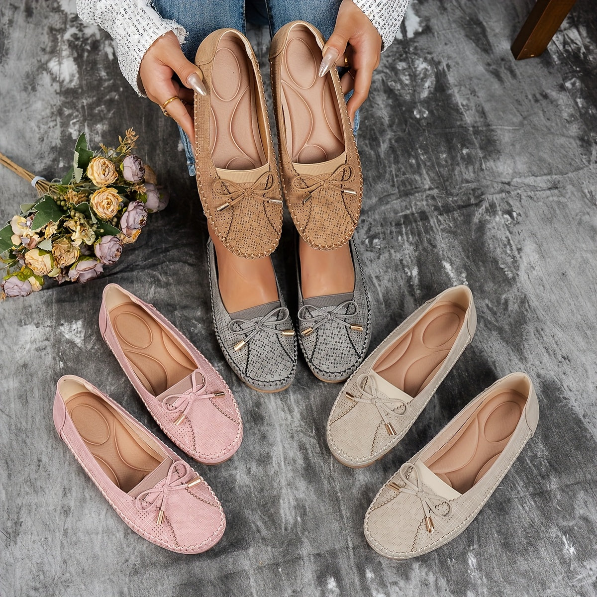 Set di 4 mocassini morbidi con fiocco: rosa, beige, grigio e marrone