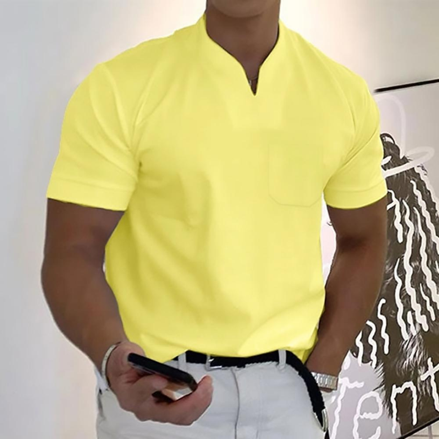 Men's henley polo shirt, short sleeve, yellow with button placket and chest pocket.