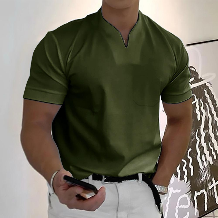 Men's henley polo shirt, short sleeve, dark green with button placket and chest pocket.