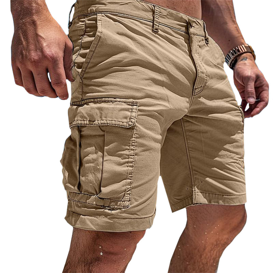 Men's khaki cargo shorts with belt loops, zip front, and two cargo flap pockets