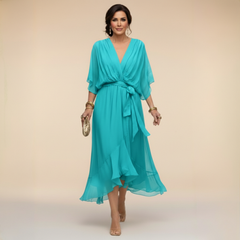 Aqua V-neck tie-waist midi dress with draped flutter sleeves and flowing chiffon skirt