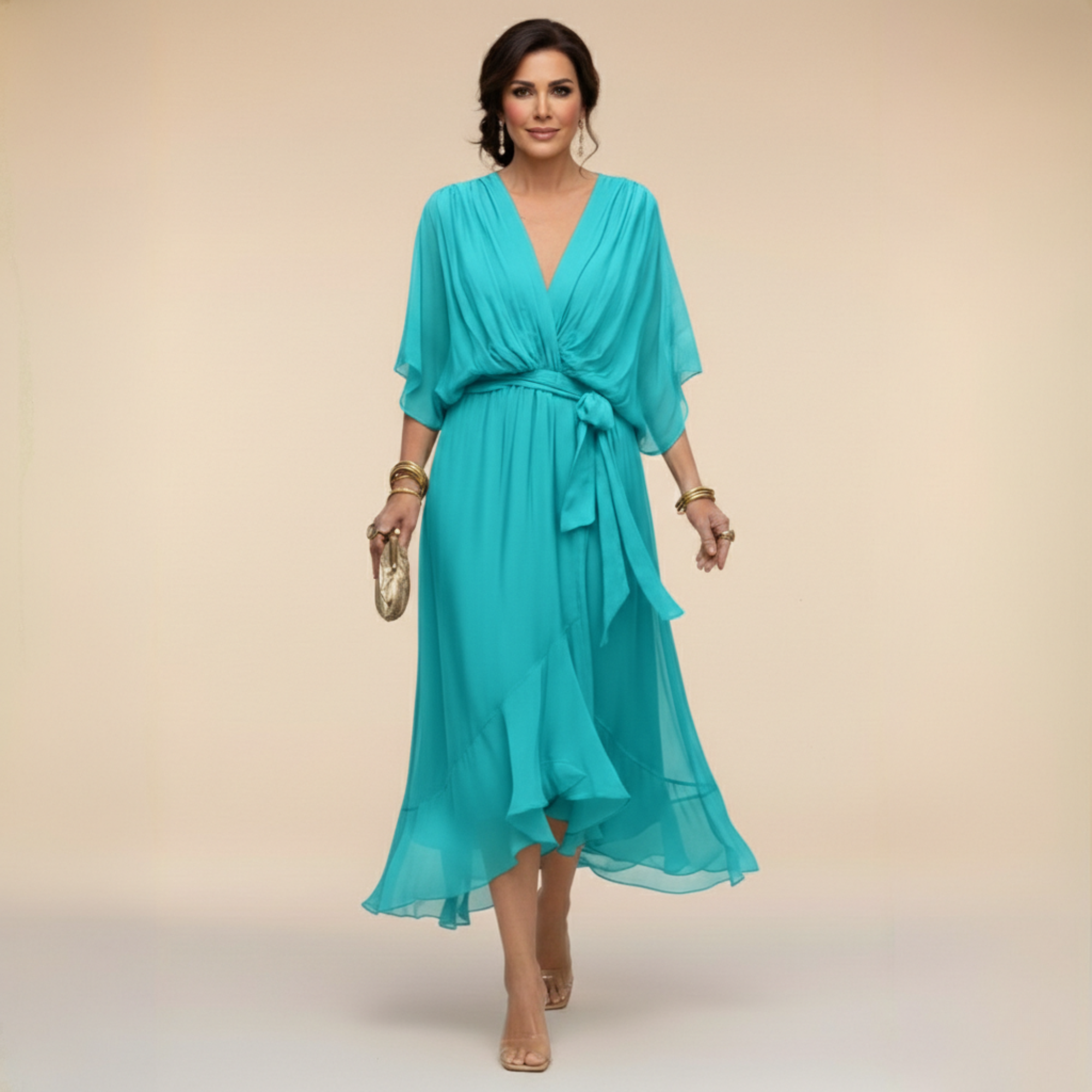 Aqua V-neck tie-waist midi dress with draped flutter sleeves and flowing chiffon skirt
