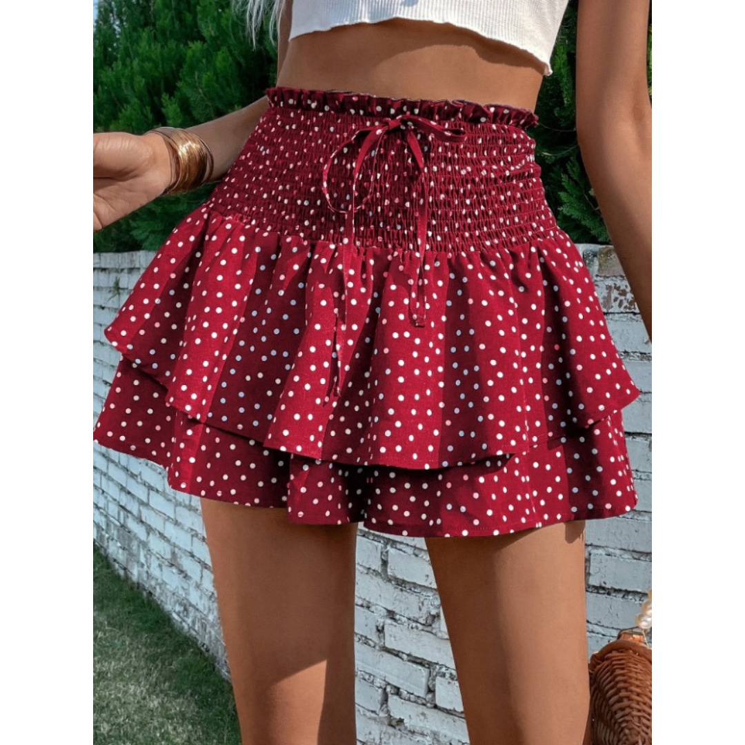 Burgundy red polka dot tiered skort with shirred elastic waistband and layered ruffles