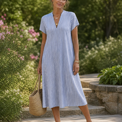 Abito midi floreale Giulia azzurro a righe verticali con scollo a V