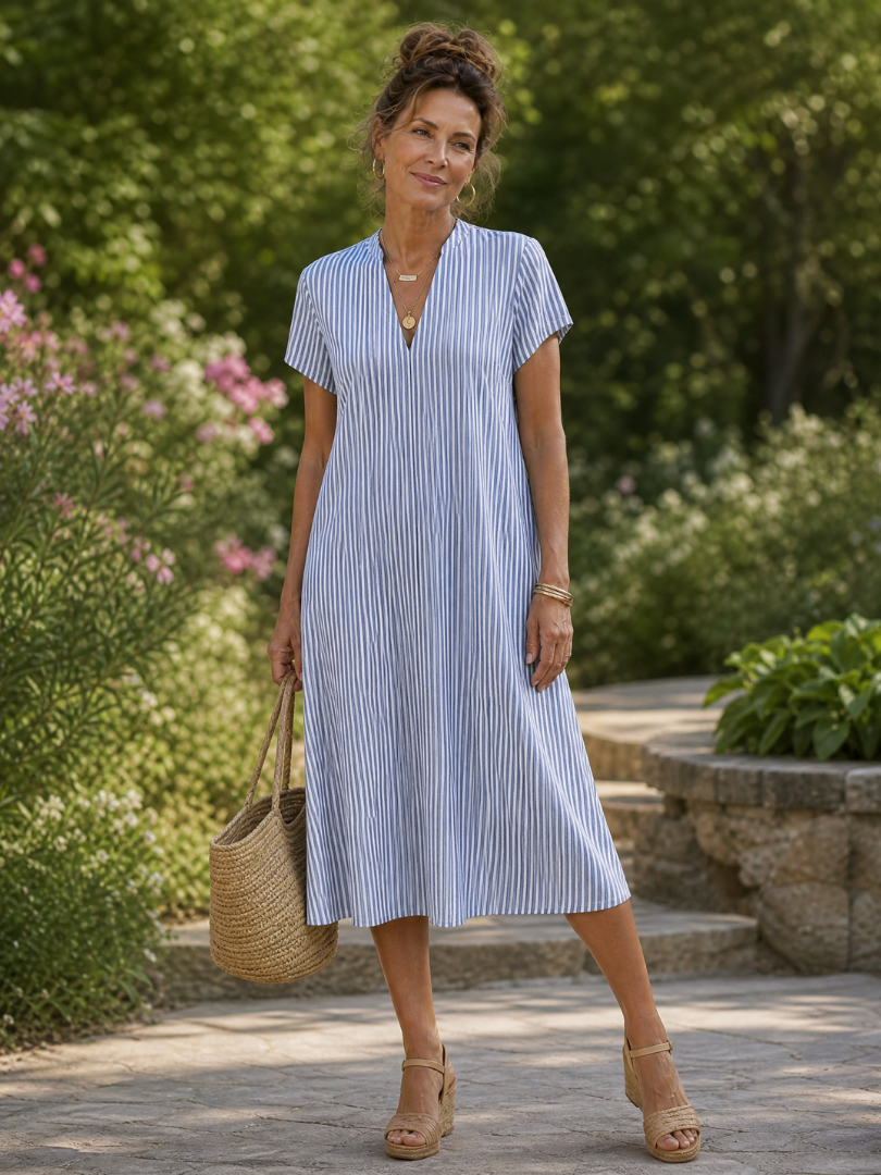 Abito midi floreale Giulia azzurro a righe verticali con scollo a V