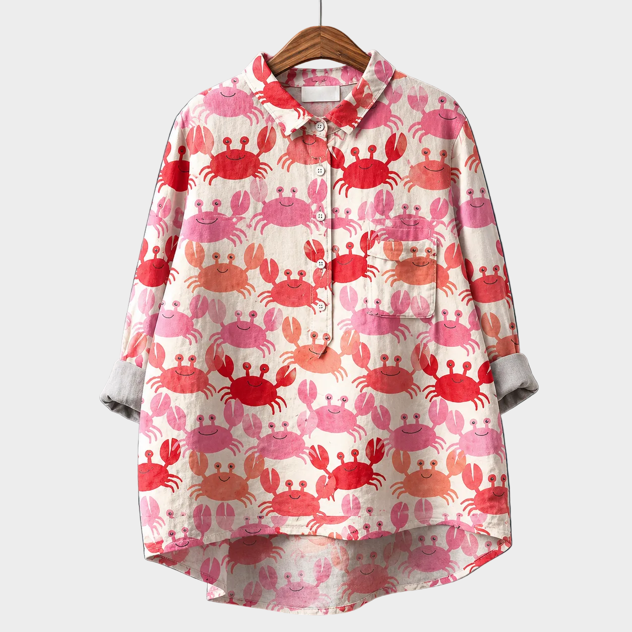Blusa estiva con bottoni e colletto, maniche corte, stampa animali rosa e rosso
