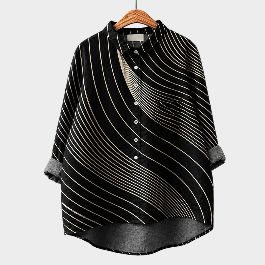 Blusa estiva elegante nera a righe bianche con bottoni e collo a camicia