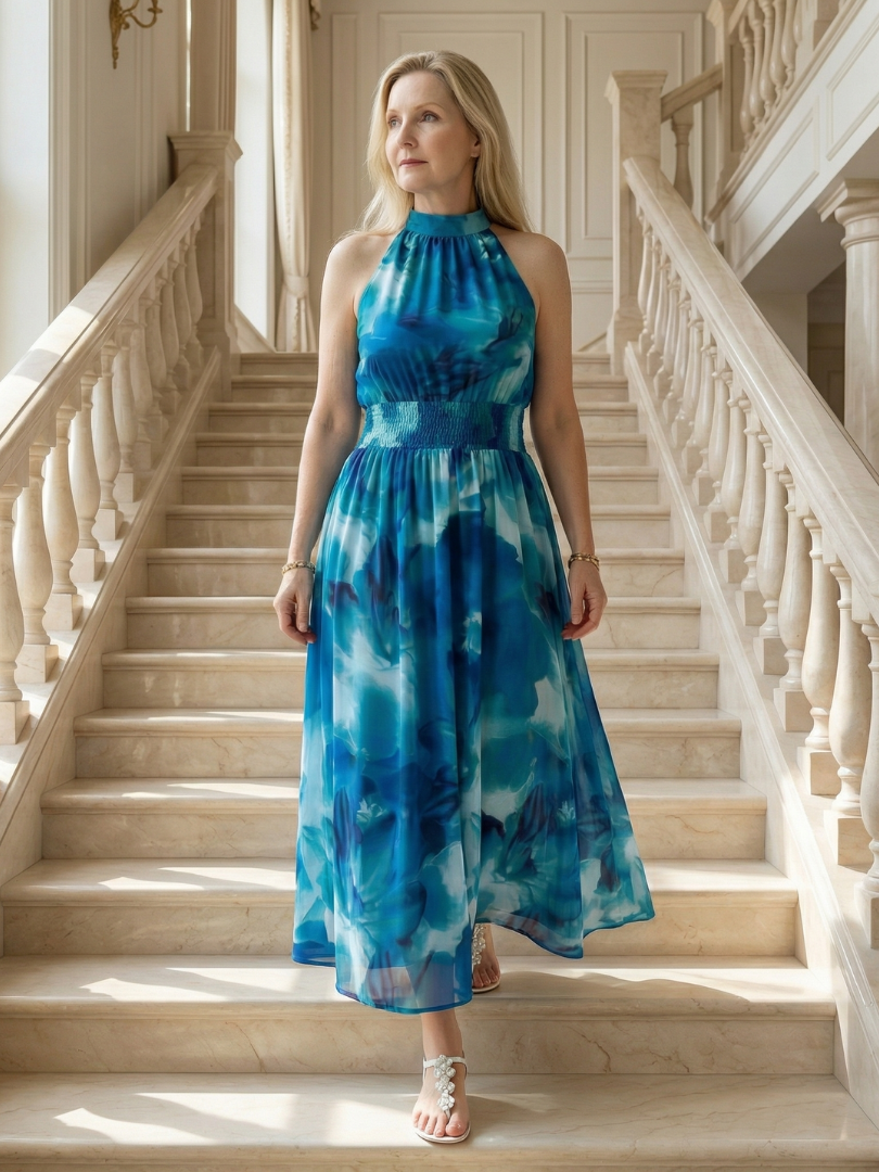 JEAN | GATHERED HALTER MIDI DRESS