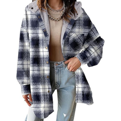Relaxed-fit hooded plaid jacket in navy and white with button front