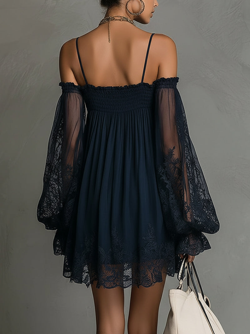 Navy off-shoulder lace mini dress, ruched neckline and sheer lace sleeves