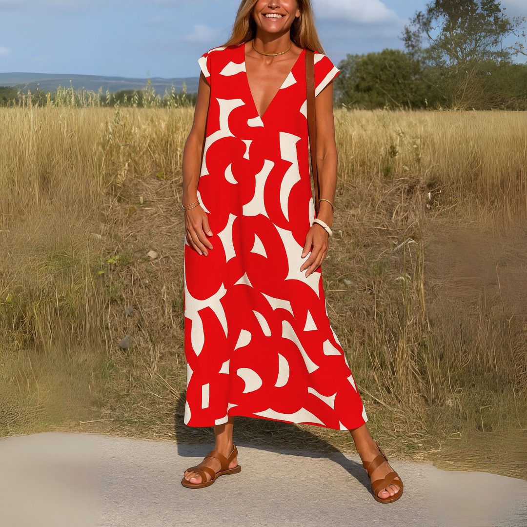 Abito midi rosso con scollo a V e maniche corte, stampa bianca astratta