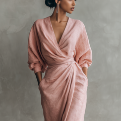 Pink linen-blend maxi dress with V-neck and twisted knot detail at waist, draped sleeves