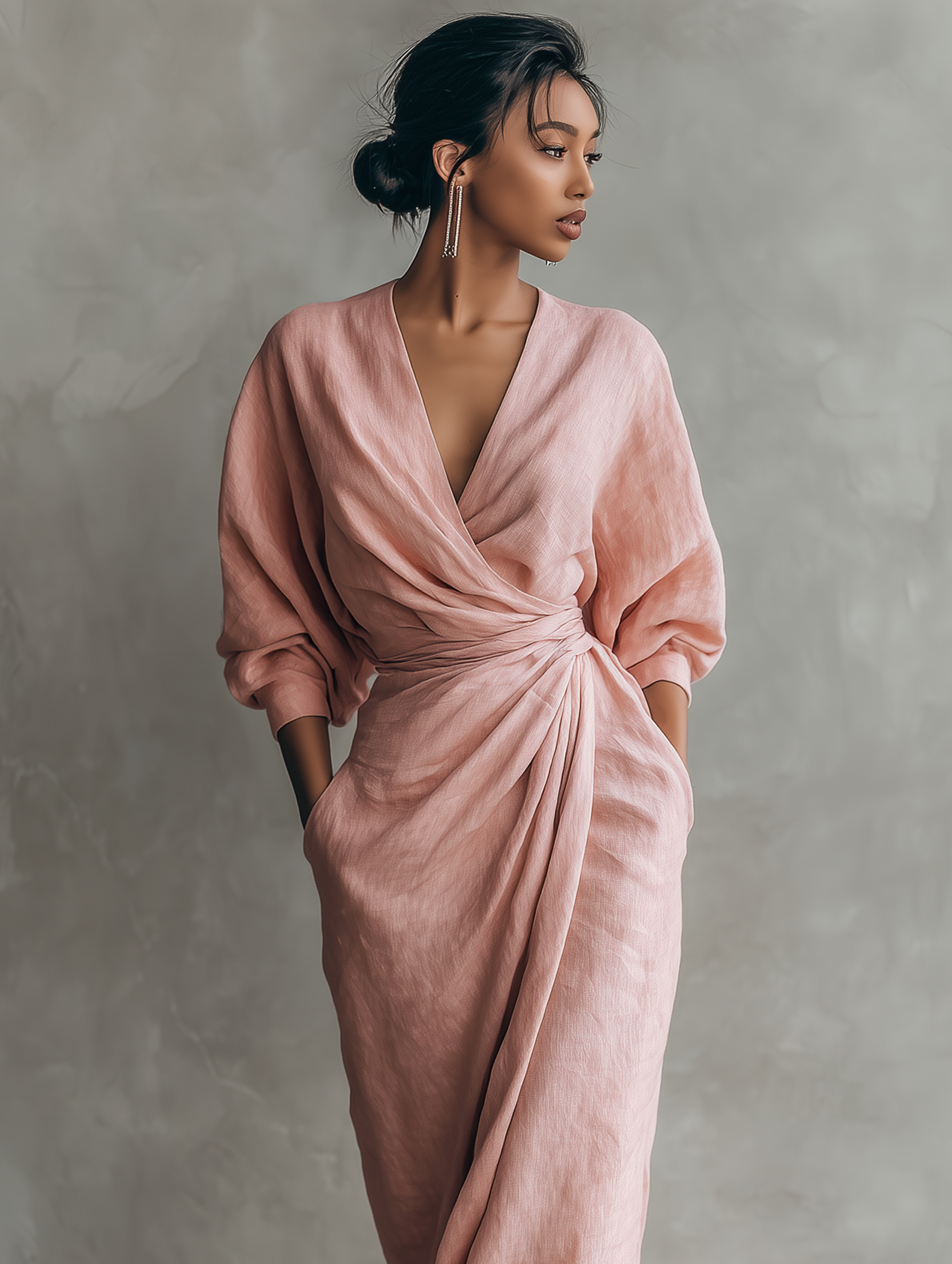Pink linen-blend maxi dress with V-neck and twisted knot detail at waist, draped sleeves