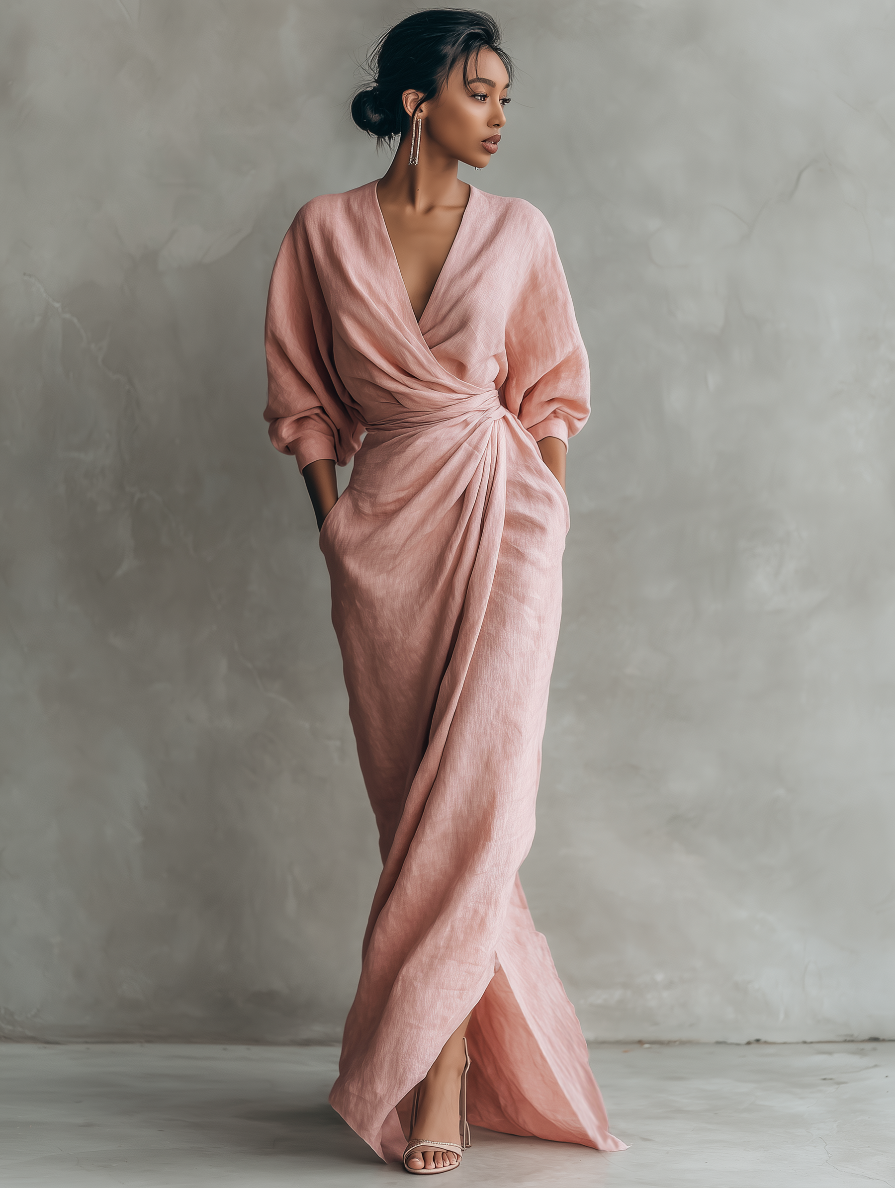 Pink linen-blend maxi V-neck dress with knotted waist, long skirt with side slit